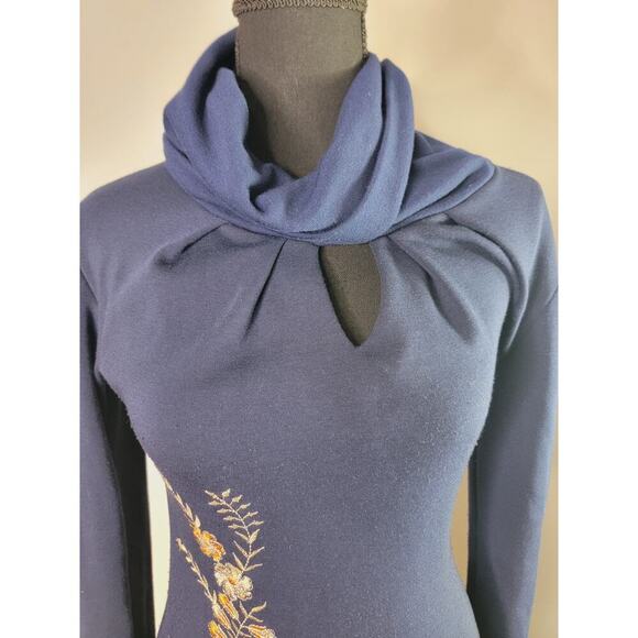 Navy Blue Long Sleeve Jersey Cozy Sweater Dress with Gold Design Floral Details - Picture 2 of 4